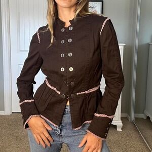 Brown and pink button-up moto blouse / jacket